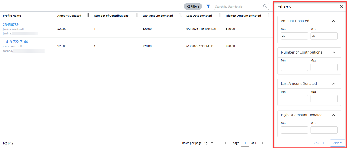 filter donation columns