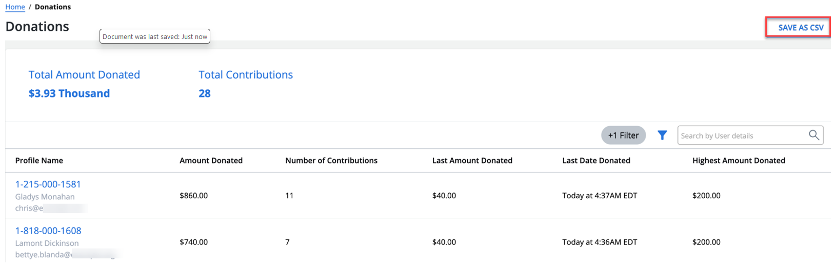 save as csv for donations